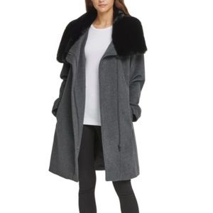 DKNY Asymmetrical Wool Coat Faux Fur Collar